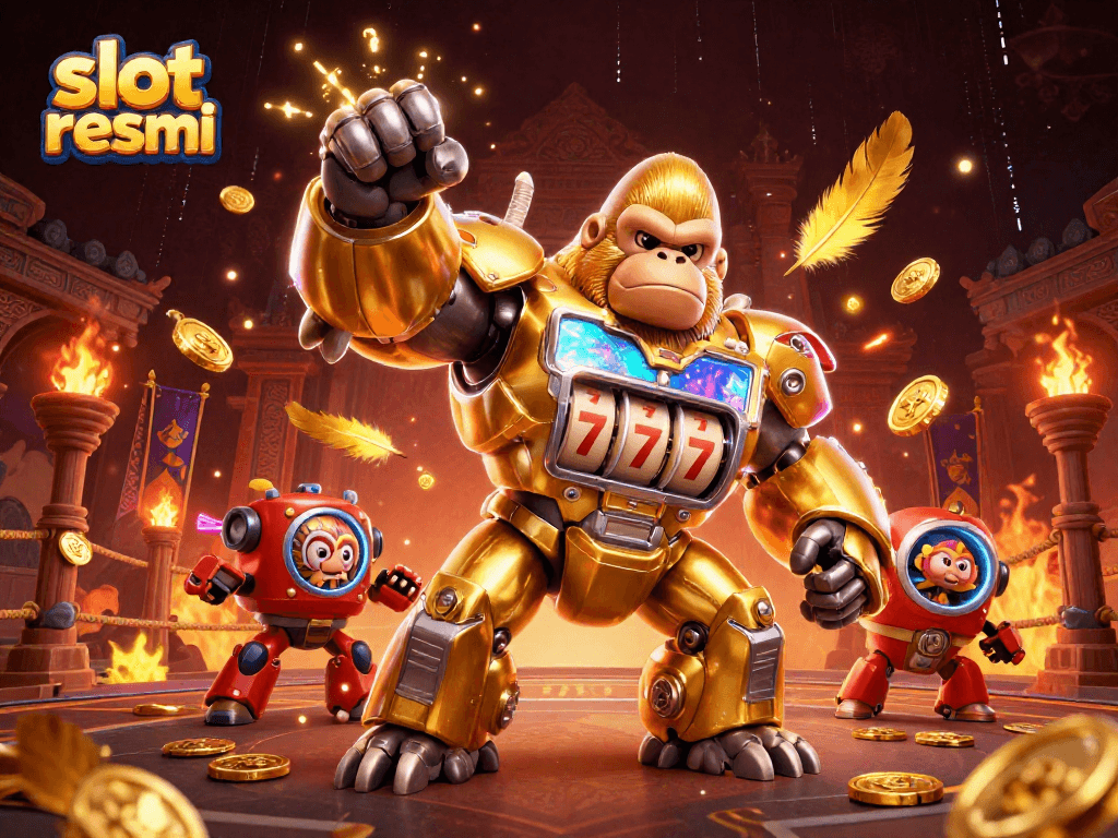 Experience thrilling wins at slot resmi with the impressive golden gorilla mech surrounded by vibrant casino elements.
