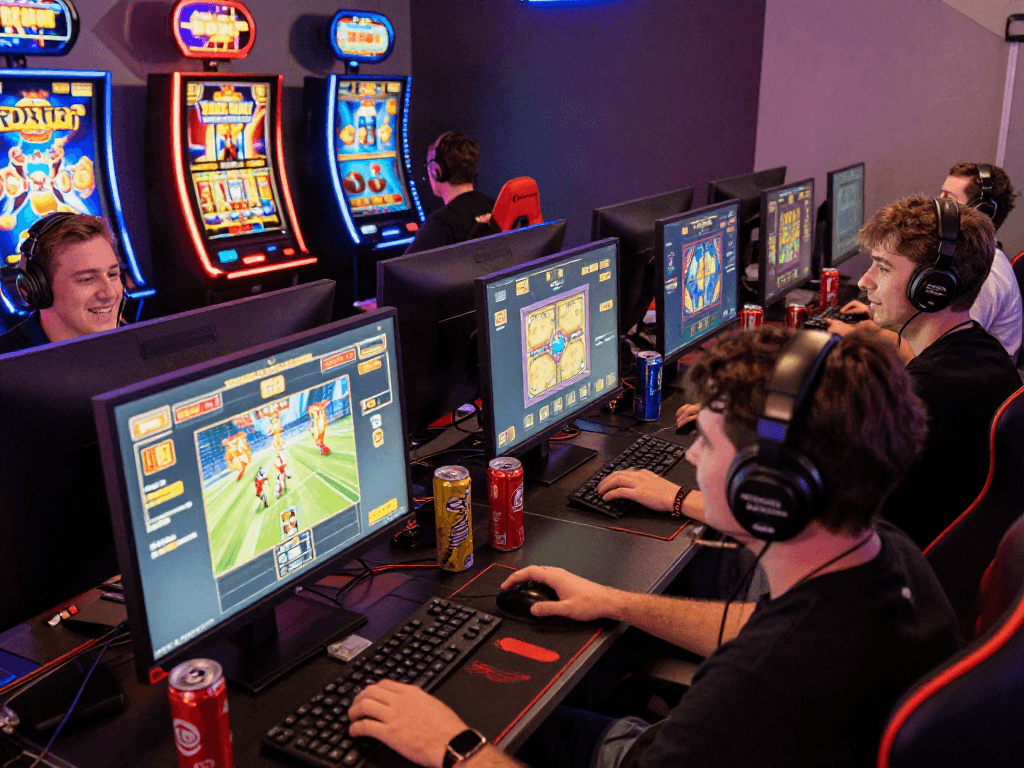 Engaged players enjoying the excitement of toto slot games in a vibrant online gaming setup.