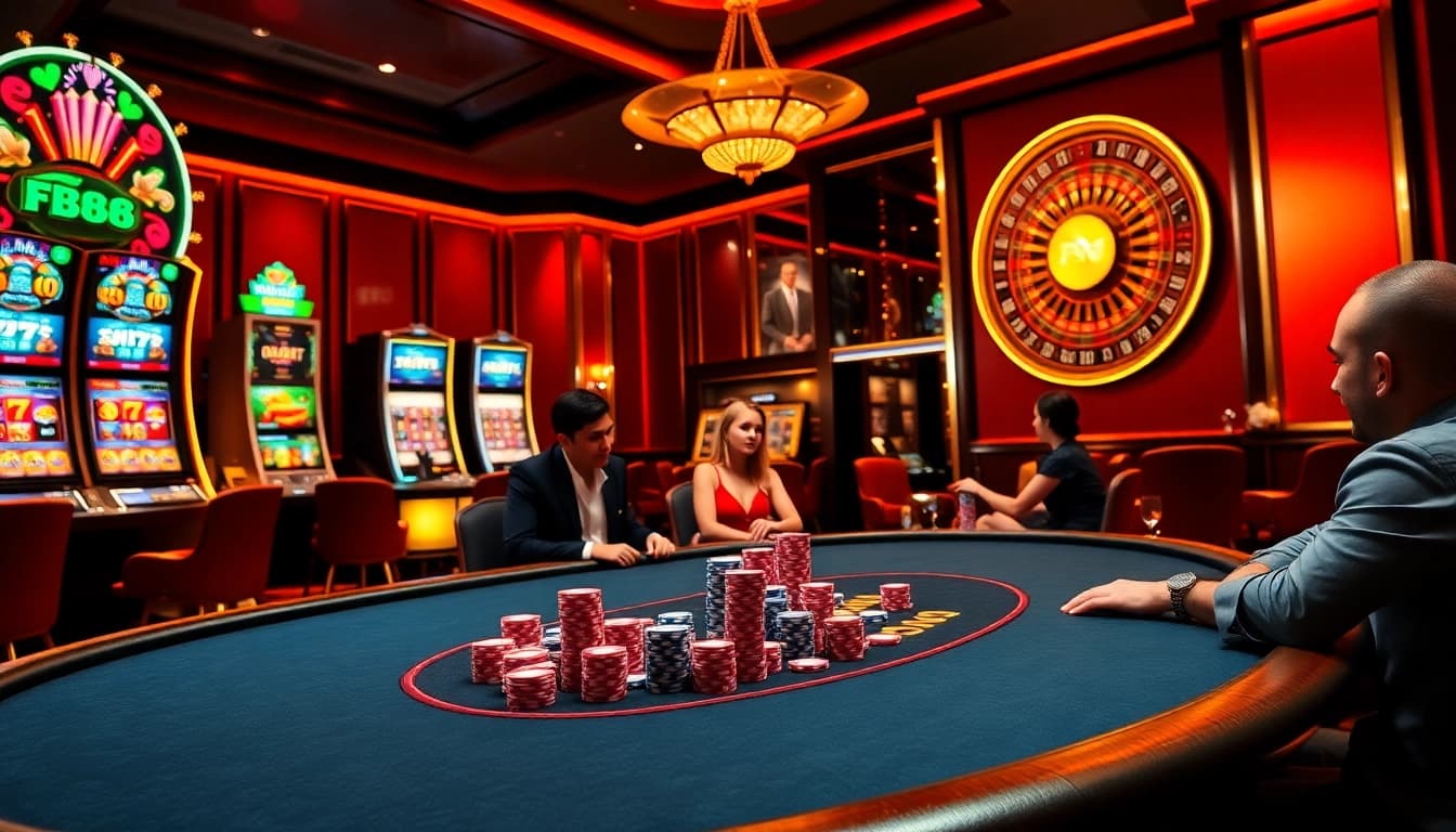 Engaging players with the FB68 poker table at a luxury casino, vibrant chips scattered.