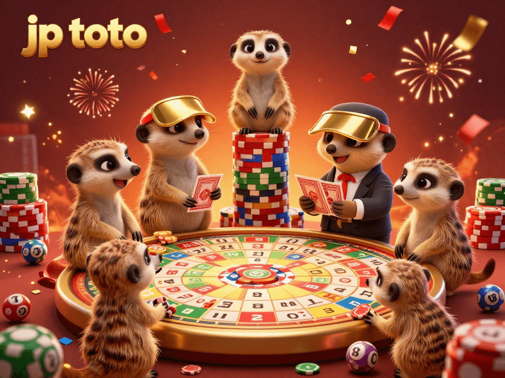Engage with jp toto's classic togel game, featuring cheerful meerkats in a vibrant, festive gaming scene.