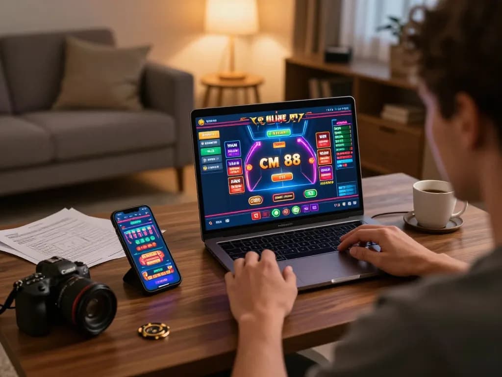 Engaging player explores cm 88 online casino gameplay on a laptop with betting notes nearby.