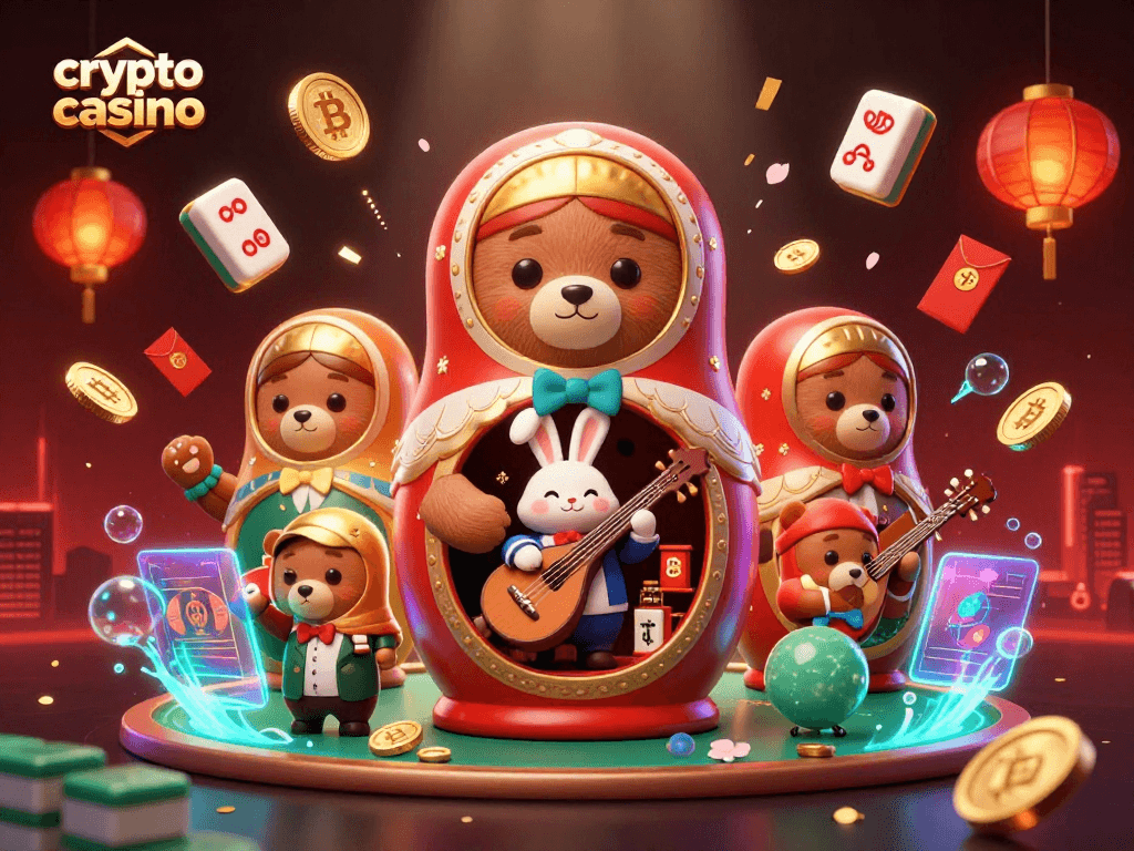 Engage in the vibrant world of a crypto casino with detailed 3D illustration depicting a Matryoshka bear and colorful gaming elements.