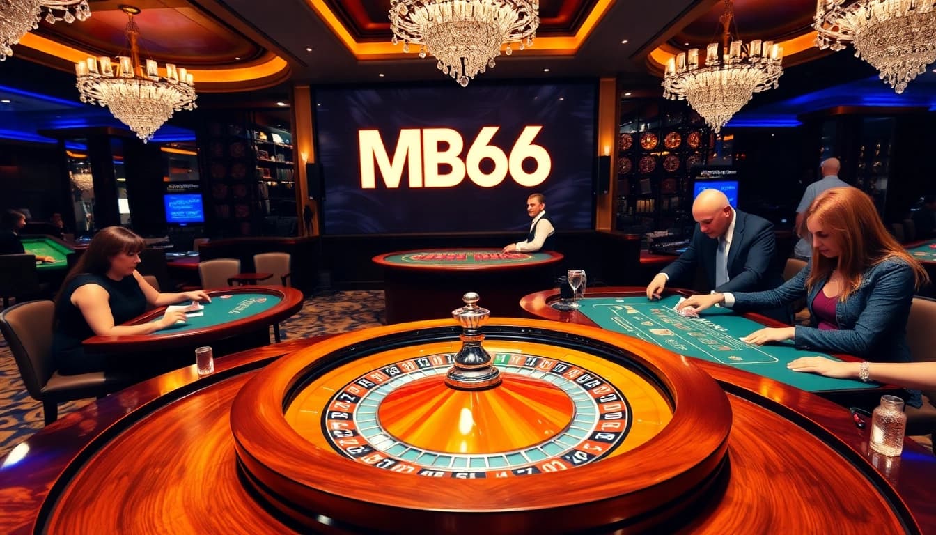 Players enjoying a thrilling game at MB66 Casino with vibrant roulette and poker tables.