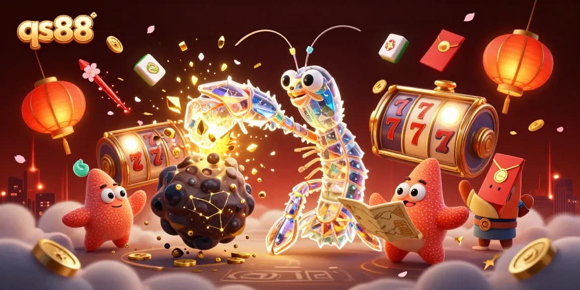 Experience the excitement at qs88 with a vibrant, dynamic casino scene featuring a galactic mantis shrimp and a starfish navigator.