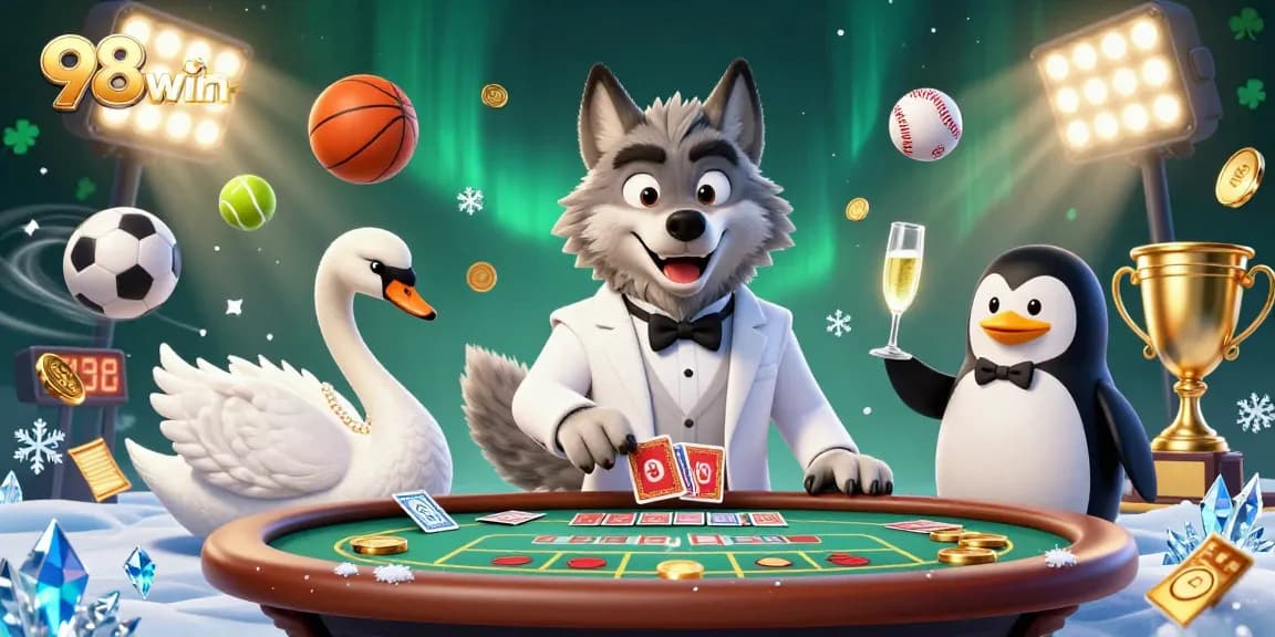 Experience thrilling casino action with 98win in an enchanting 3D scene featuring a debonair wolf and a swan dealer.