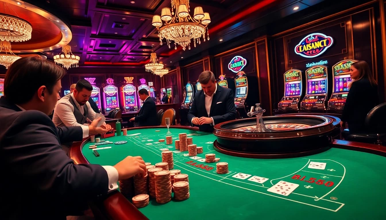 High-stakes card game at https://bl555.exchange/, showcasing professional dealers and vibrant casino ambiance.