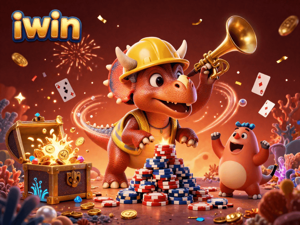 iwin showcases exhilarating gameplay with a cheerful triceratops building poker chips in a vibrant 3D scene.
