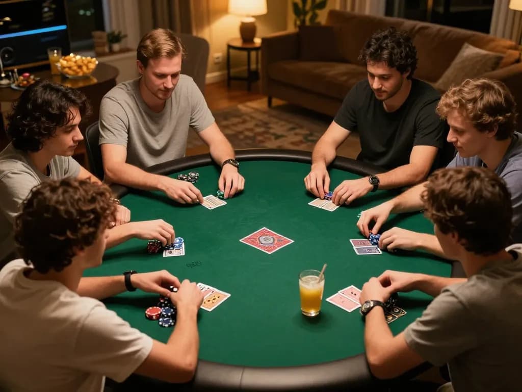 Engaging home poker night with players centered around strategy at kp88 com table.