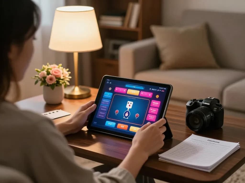 Engaging player using tablet for king33 poker gaming in cozy living room