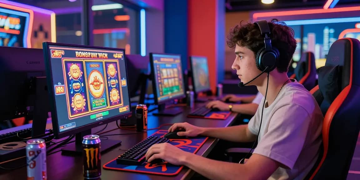 Player excitedly engaging with bonus buy slots at an online casino, showcasing vibrant gaming setup and atmosphere.