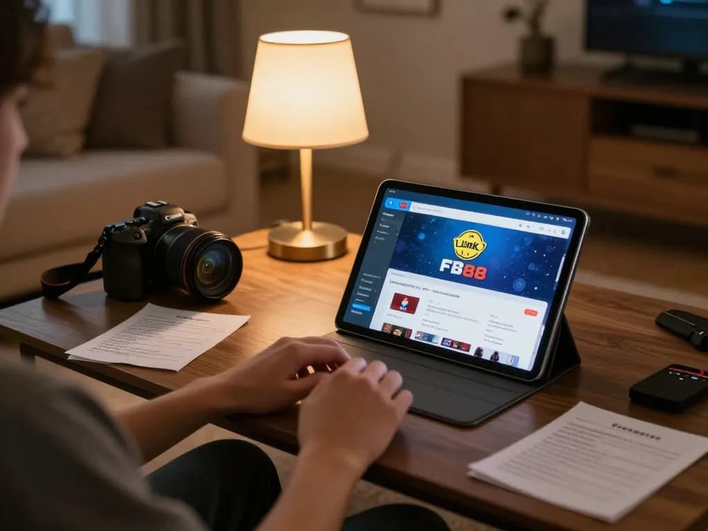 Engaging with the Link FB88 app on a tablet in a cozy home gaming setup.