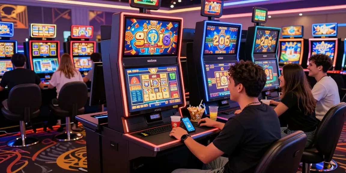 Players enjoying new online slot sites in a vibrant casino setup with stylish gaming desks and colorful monitors.