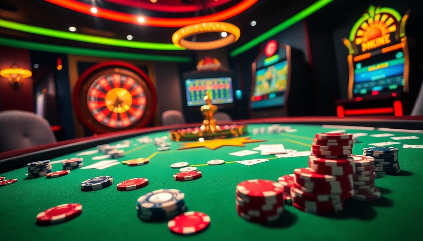 Experience the excitement of online gambling with a glimpse into a trang web cá cược featuring a luxurious casino setting and vibrant gaming elements.