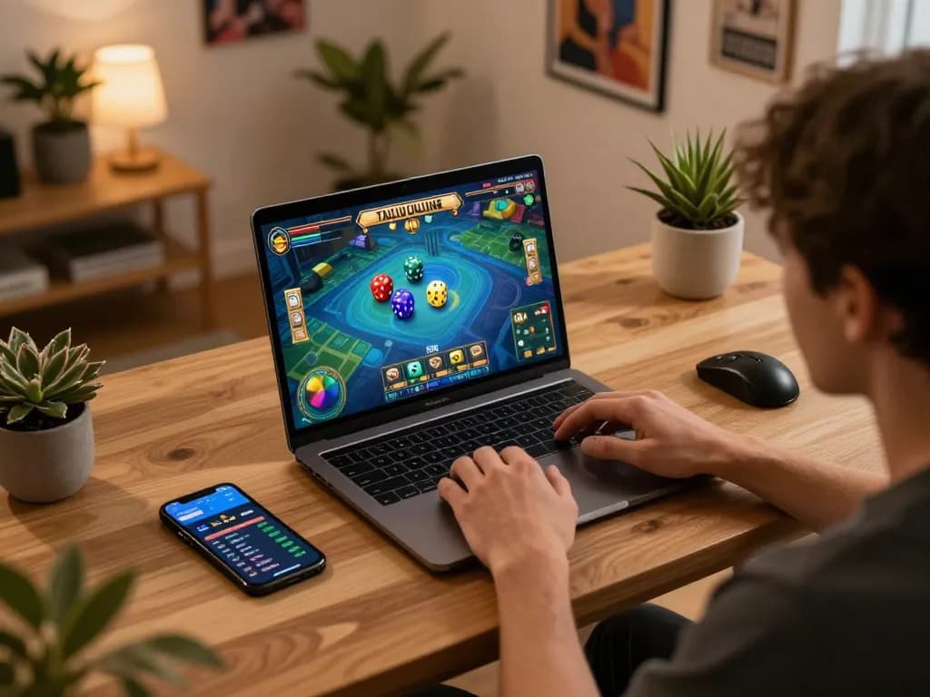 Engaging moment of tai xiu online gameplay on a laptop, showcasing colorful graphics and dice.