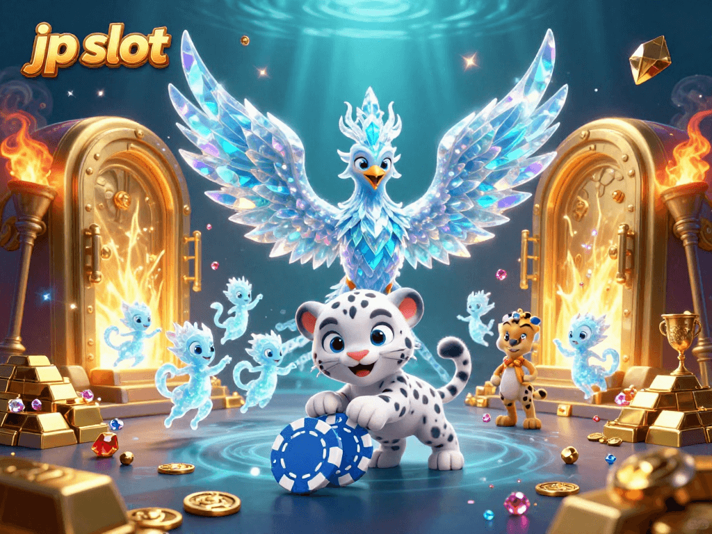 Experience the thrill of jp slot with a lively illustration of an ice phoenix and treasure-filled casino scene.