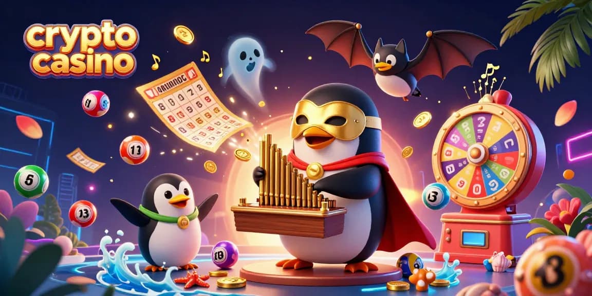 Experience a vibrant crypto casino with our animated penguin organist amidst colorful games and golden prizes.