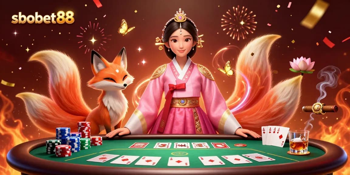 Sbobet88 brings luck with a detailed illustration of gambling excitement featuring poker elements and festive characters.