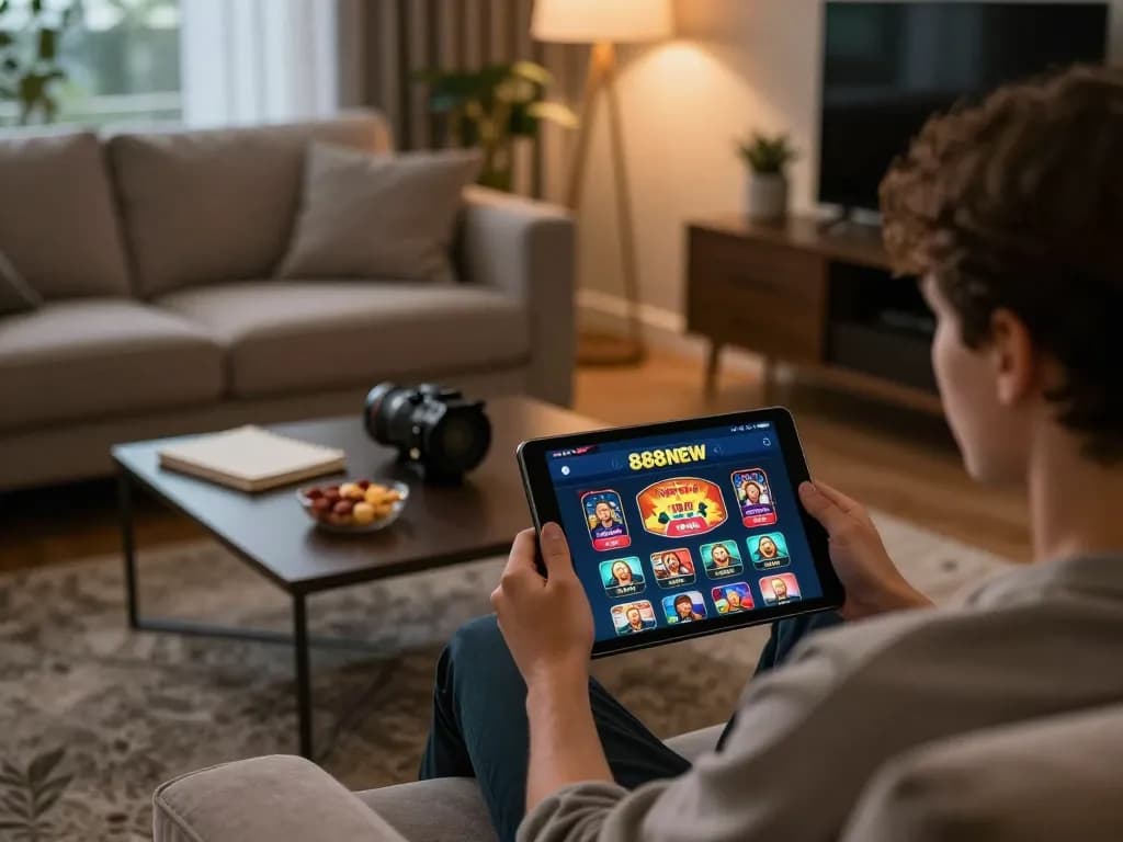 Player engaging with 888NEW casino app on tablet in a cozy home setting, surrounded by strategic notes and snacks.