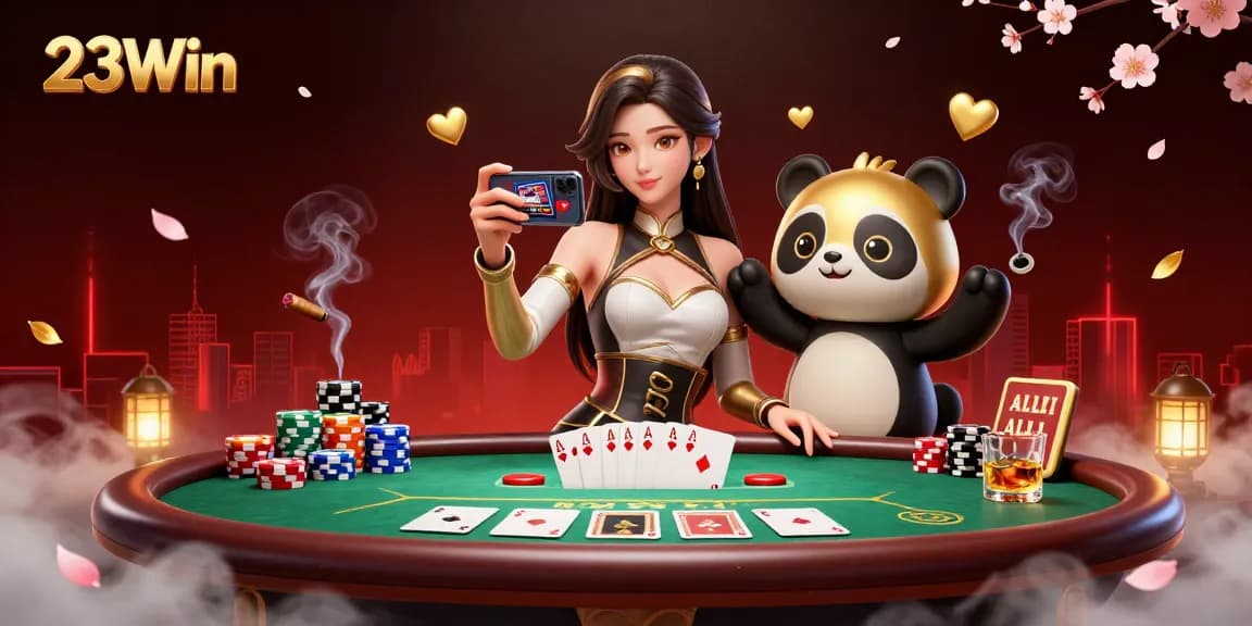 Win big at 23Win with an immersive poker and casino experience featuring a lively Asian character.