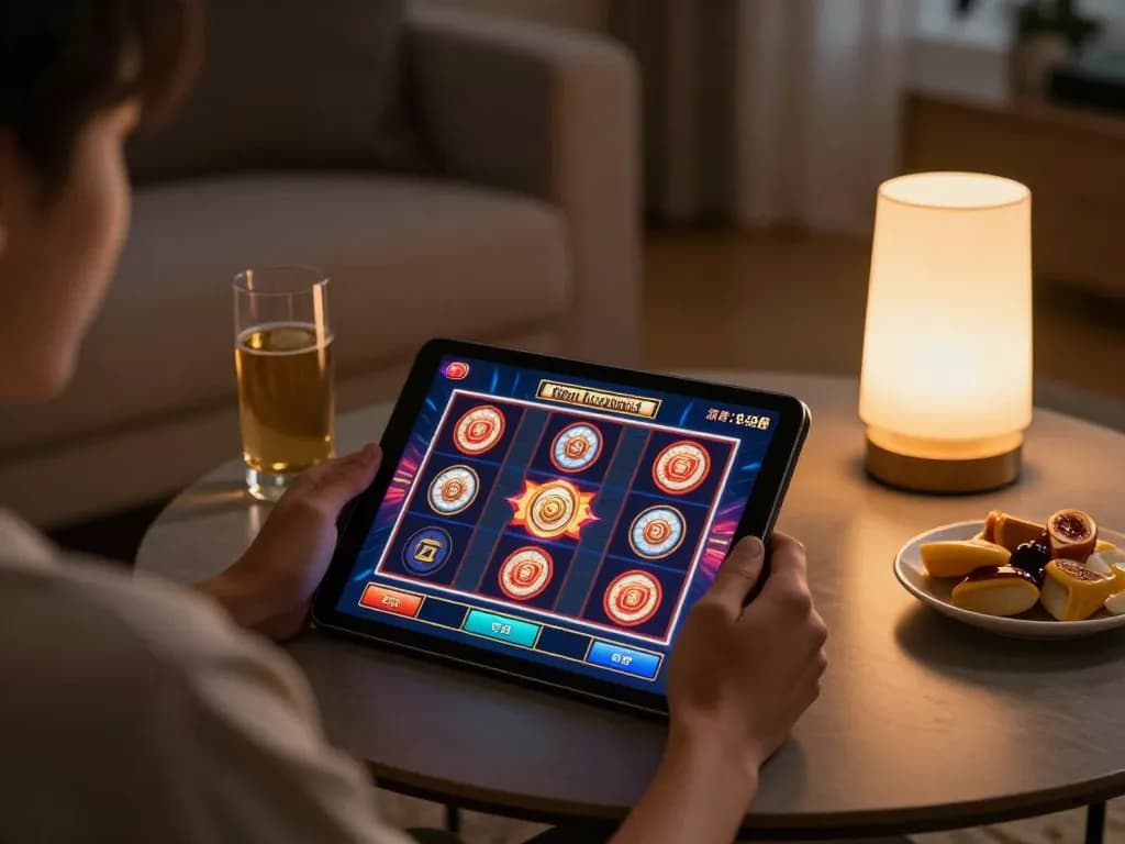 Playing slots on a tablet, showcasing vibrant graphics in a cozy home setting.