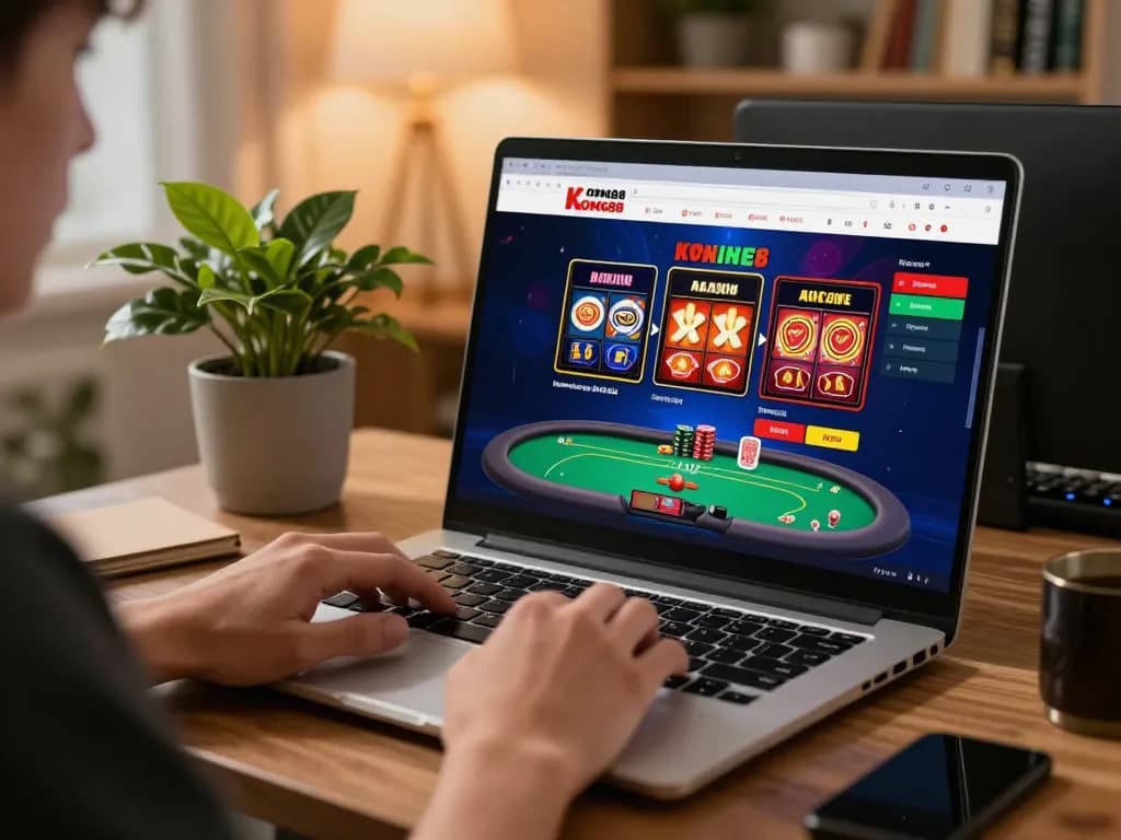 Player enjoys online gaming with Nhà cái KONG88 on a laptop, engaged in strategic betting.