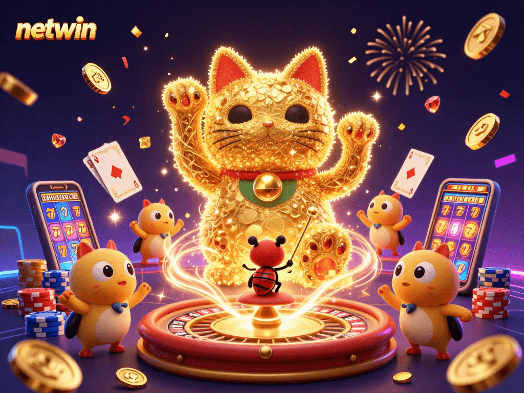 Experience the thrilling netwin casino world with a lucky cat and casino symbols.