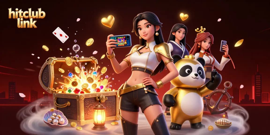 Engage with the hitclub link for an exciting casino game experience featuring a stylish woman and a playful panda.