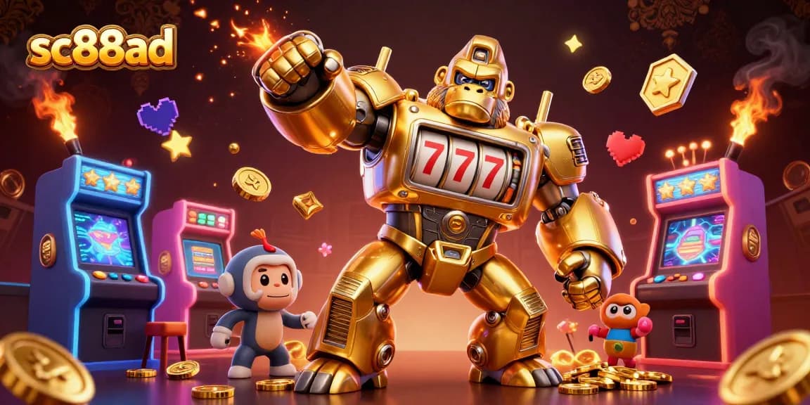 Experience the thrill of sc88ad with a dynamic gaming scene featuring an explosive golden gorilla mech and arcade machines.