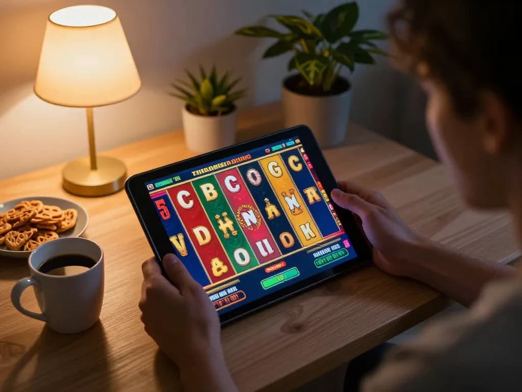 Engaging atmosphere of situs slot gameplay on a tablet in a cozy home setting.