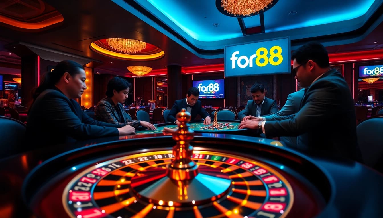 Engaging poker players at for88 casino amidst glamorous casino atmosphere with neon lights.