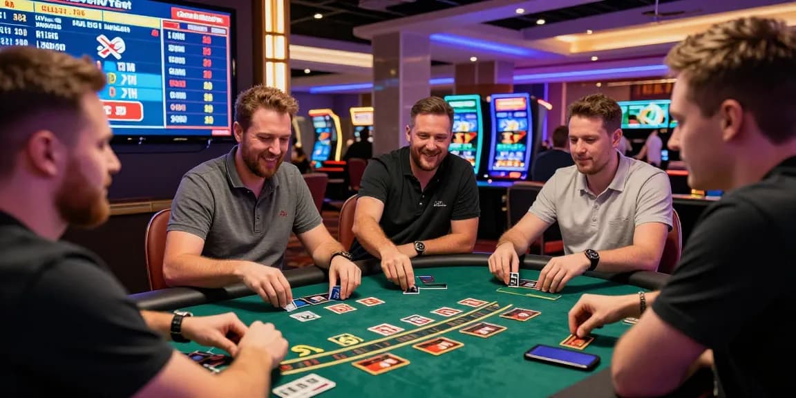 Exciting credit card casino gaming scene at https://euf.co.uk with UK players at a blackjack table celebrating wins.