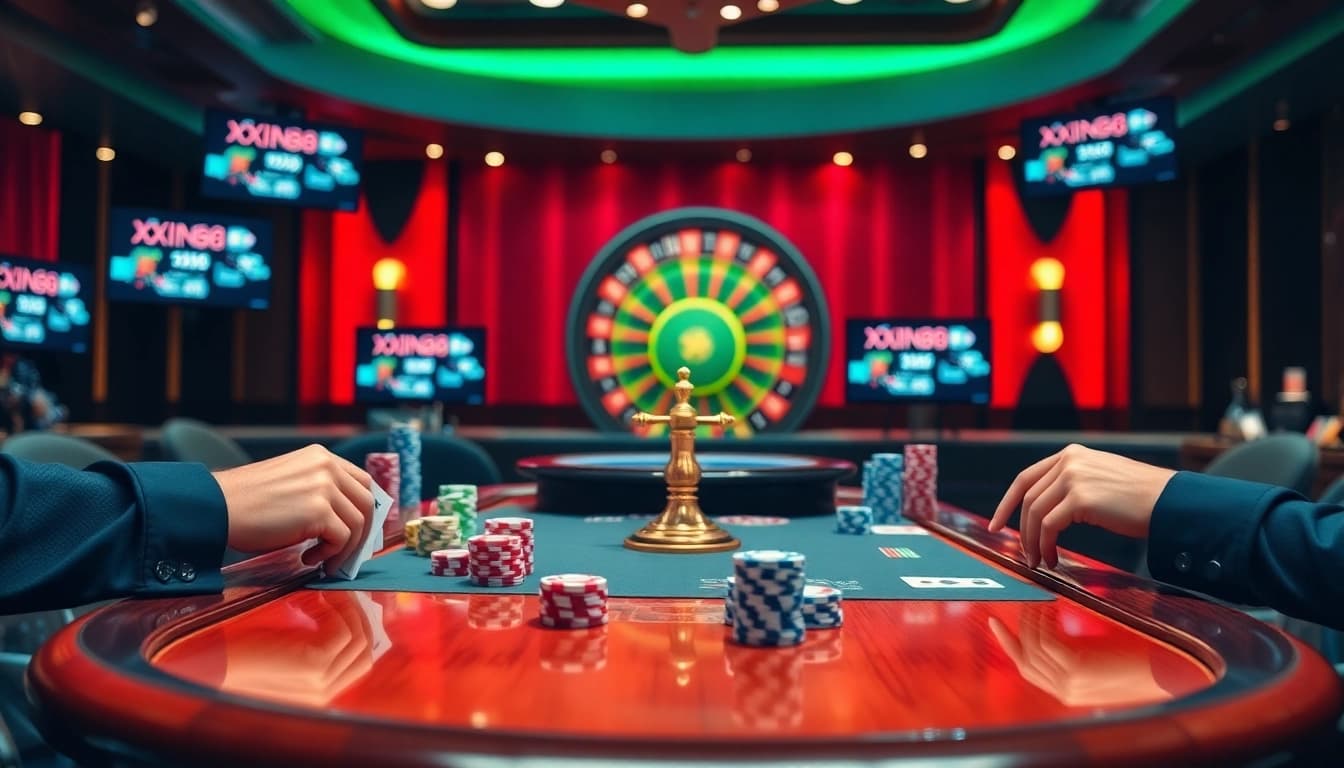 Experience the excitement at the casino with the xin88 link showcasing players at a poker table.