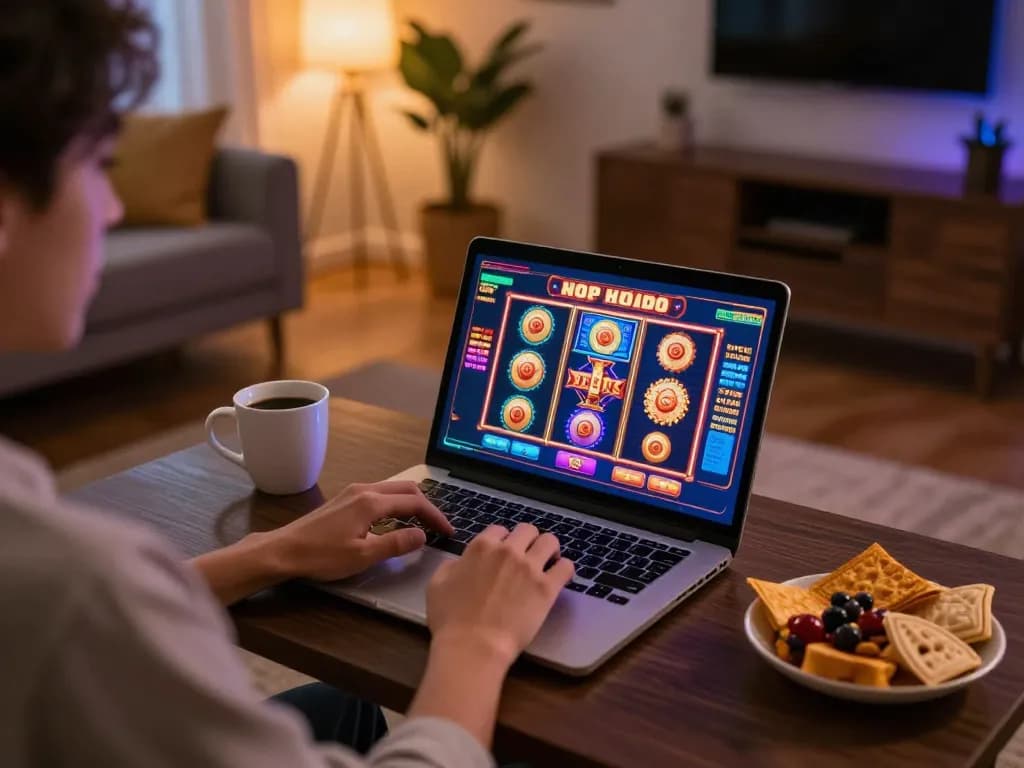 Player enjoying hitclub online slot games in a cozy modern living room setting.