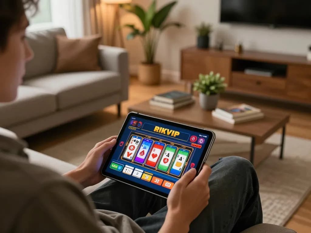 Player experiencing the RIKVIP app for gambling with vibrant graphics in a cozy setting