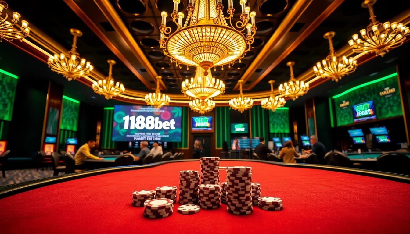Exciting gambling scene at 188bet casino with players engaging and poker chips scattered on tables.