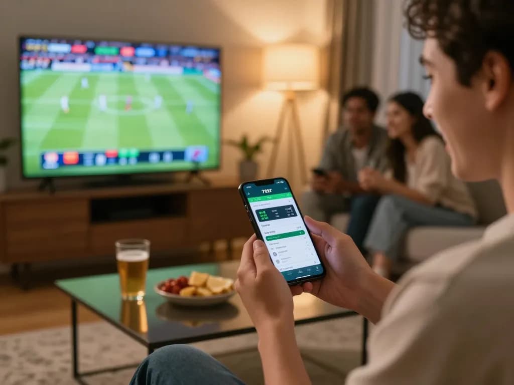 A person engaging in live sports betting on the 789F app while enjoying a game at home.