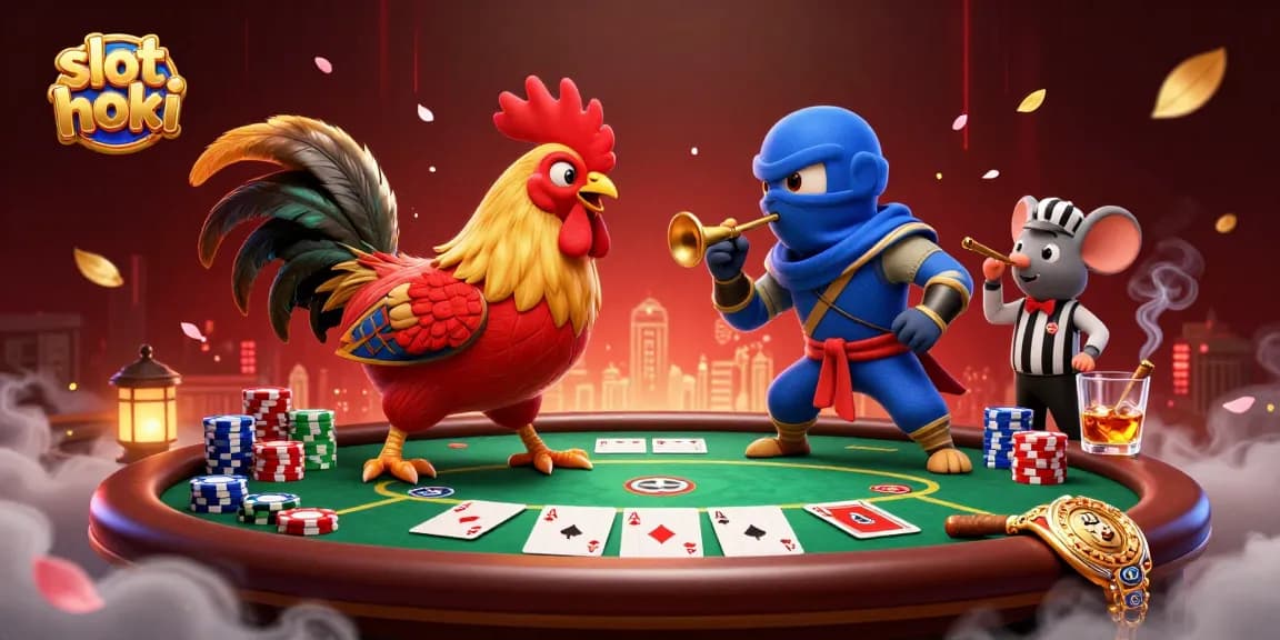Engage with "slot hoki" in a vibrant duel scene featuring samurai and ninja roosters with casino elements.