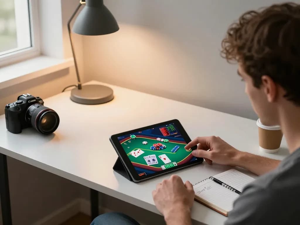 Player engaging in online poker with strategy notes, focusing on 789 gaming experience.