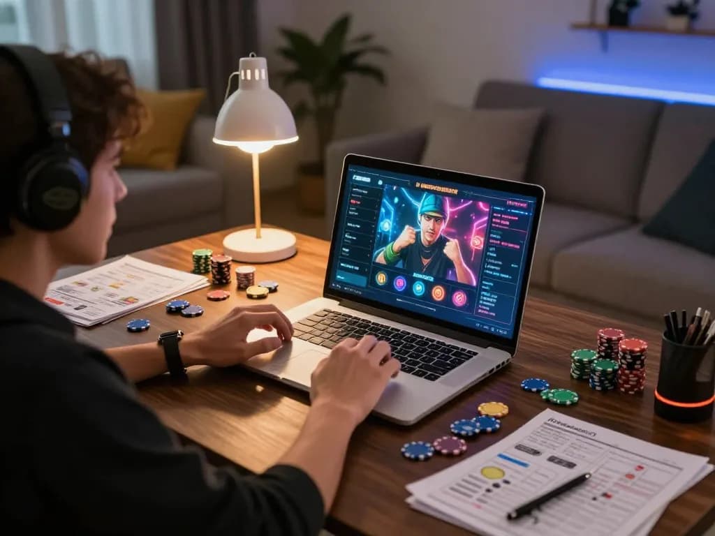 Engaged player experiencing IDNSCORE online gaming action at home with laptop and strategy notes.