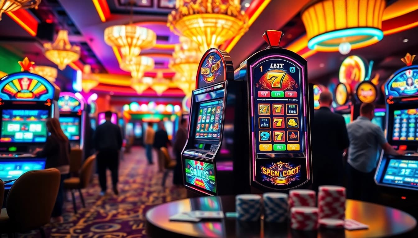 Arus hoki pada mesin slot di kasino yang dikelilingi pemain yang antusias.