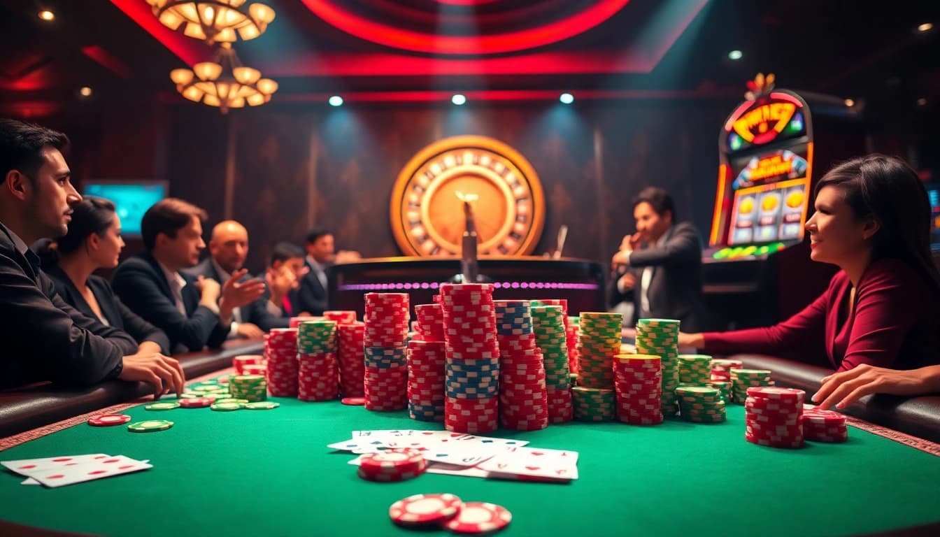Poker players engage in a thrilling game at https://32win.cool/, surrounded by vibrant casino colors and exciting atmosphere.
