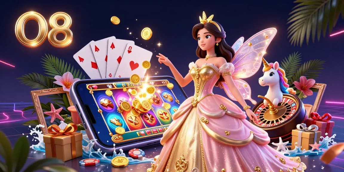 Play thrilling slot games at O8 with vibrant visuals, golden coins, and engaging graphics.