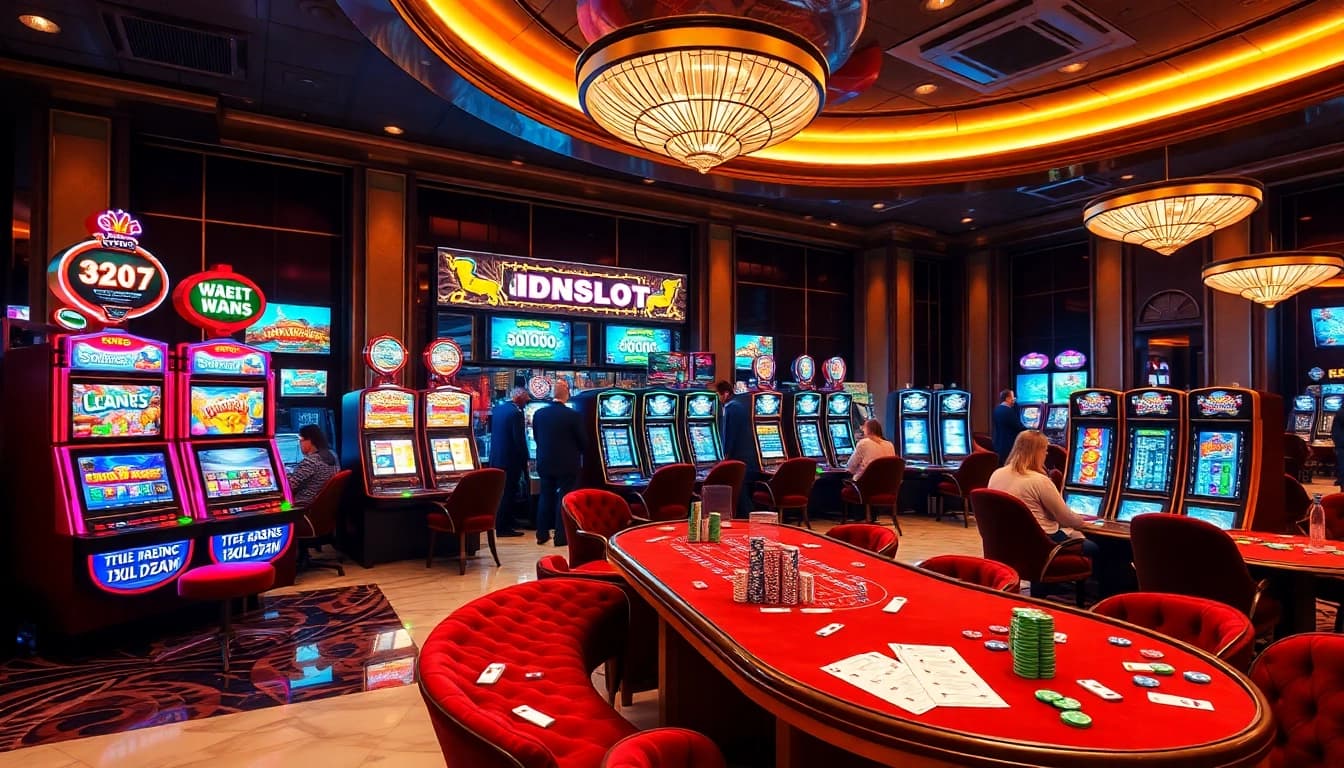 Experience the thrilling IDNSLOT gaming environment with vibrant slot machines and eager players.