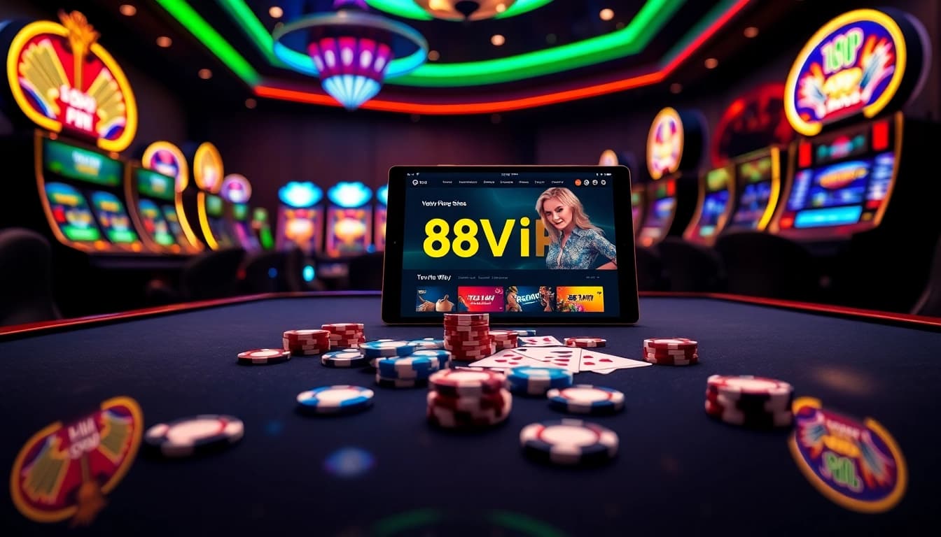 Experience the thrill of Đăng Nhập Nhà Cái 68VIP with a vibrant casino scene showcasing an elegant poker table and exciting online gaming.