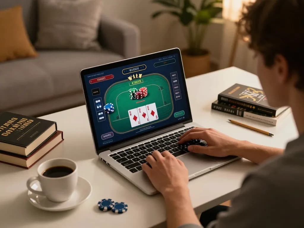 Engaging with m116 casino games using laptop, showcasing strategic moments in online gambling.