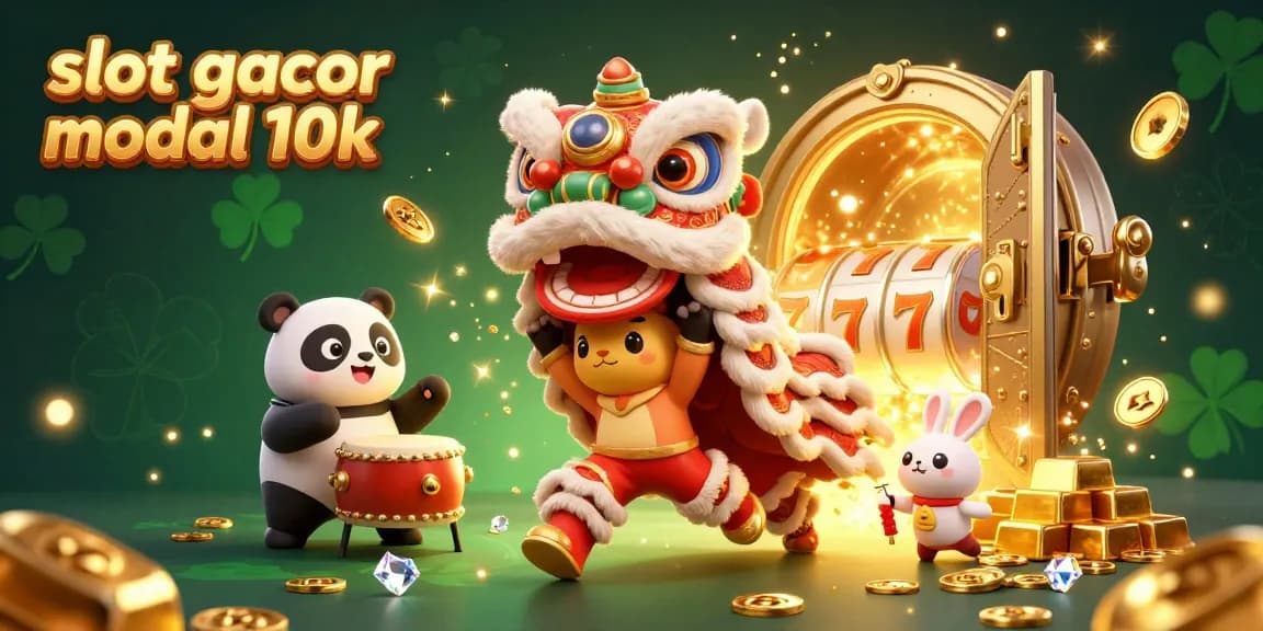 Engage with slot gacor modal 10k in a vibrant 3D casino illustration filled with gold treasures and lively characters.
