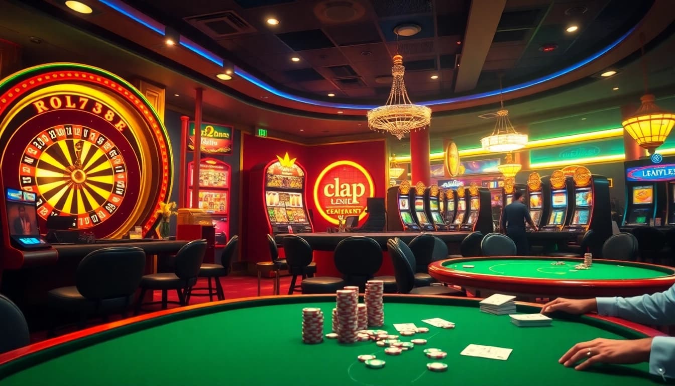 Exciting casino scene showcasing engaging games at i9bet, with players winning at roulette and slots.