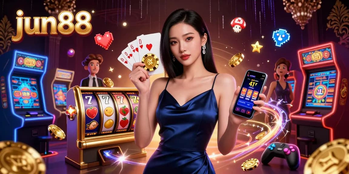 Experience the excitement of jun88 with a stunning casino illustration featuring vibrant slot games and engaging characters.