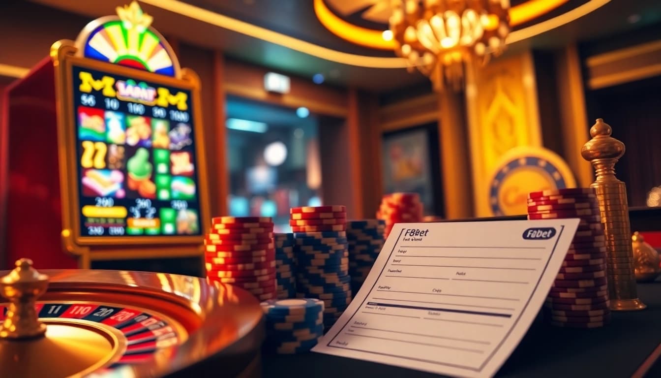 Experience the excitement of f8bet trang chủ with vibrant casino elements including slot machines and poker chips.