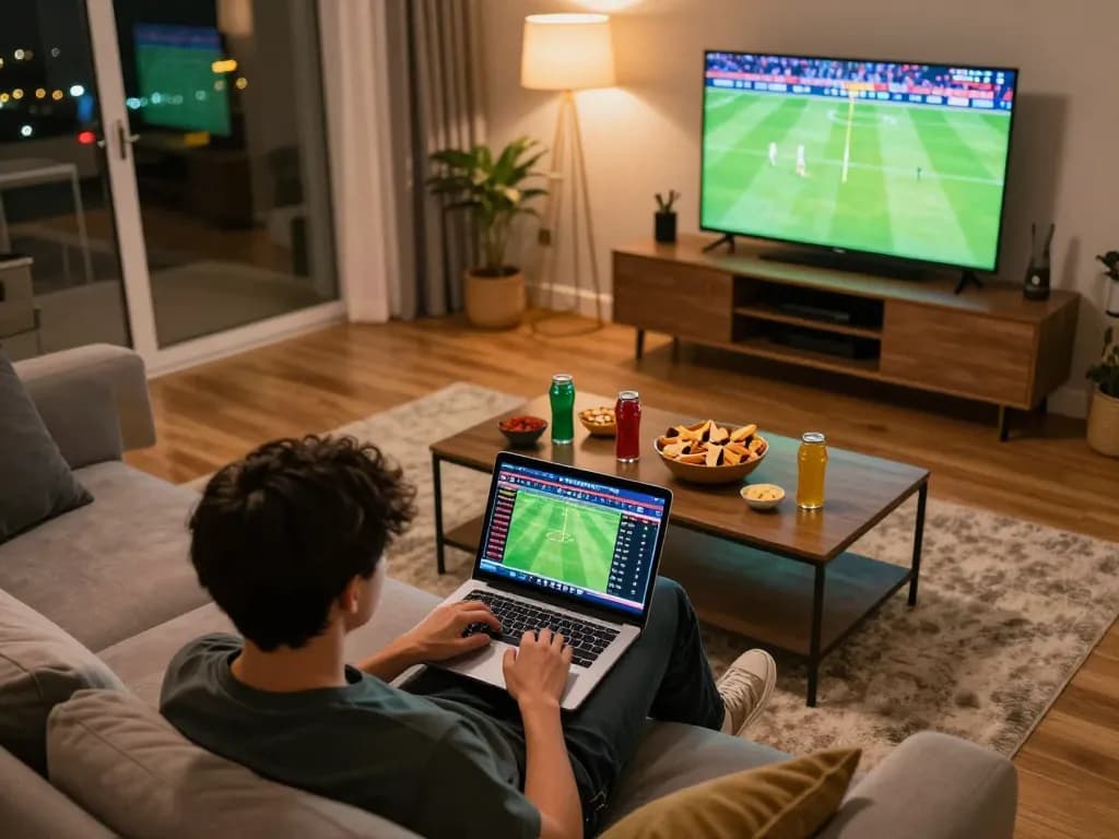 Live sports betting on kqbd with laptop and snacks in a cozy setting.